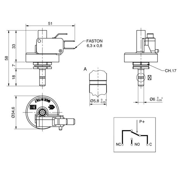 SPF-25/6 Druckschalter 2,5 bar mit 1 Wechsler und Stutzen 6mm AD