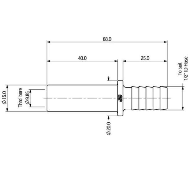 NC932 POM-Rohr-Steckdorn mit 15mm Stutzen und 1/2 Zoll Schlauchtülle