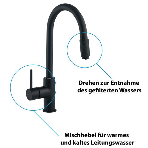 LENA 3-Wege-Wasserhahn aus schwarz beschichtetem Messing 360° schwenkbar